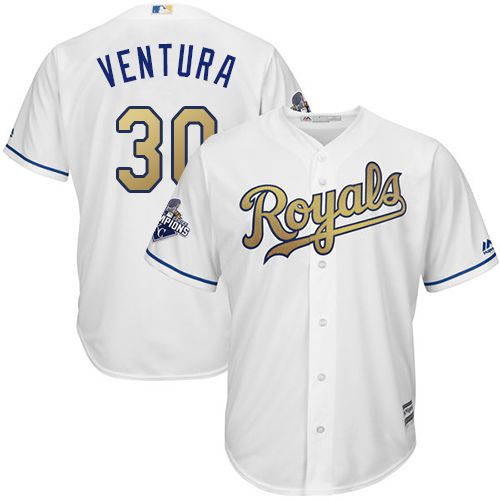 Royals #30 Yordano Ventura White 2015 World Series Champions Gold Program Cool Base Stitched Youth MLB Jersey - Click Image to Close